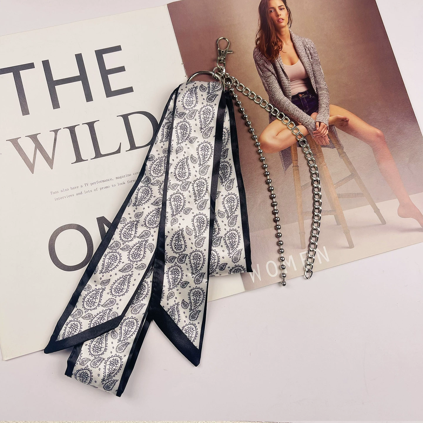 Trouser Chain and Scarf Accessory Set, Silver Pants Chain with Silk Bandana