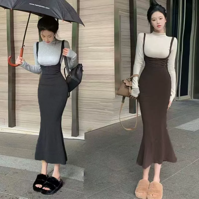 Женское платье-костюм в гонконгском стиле, облегающее, закрывающее бедра, двухкомпонентное, новинка 2025 года, стройнящее, с длинной юбкой и топом.