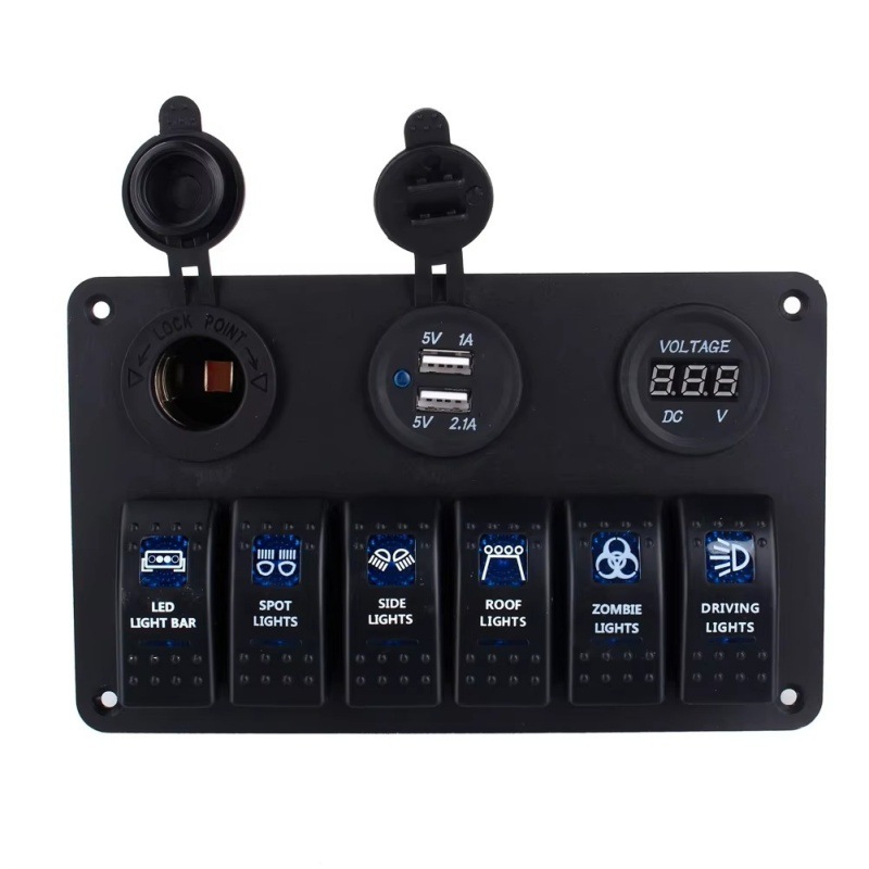 Interruptor universal transfronterizo de RV de 6 lugares, barco, automóvil yate con voltímetro de toma de carga USB dual montado en el vehículo