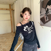 斜肩长袖T恤女2025秋季女装新款内搭打底衫修身一字肩小众上衣