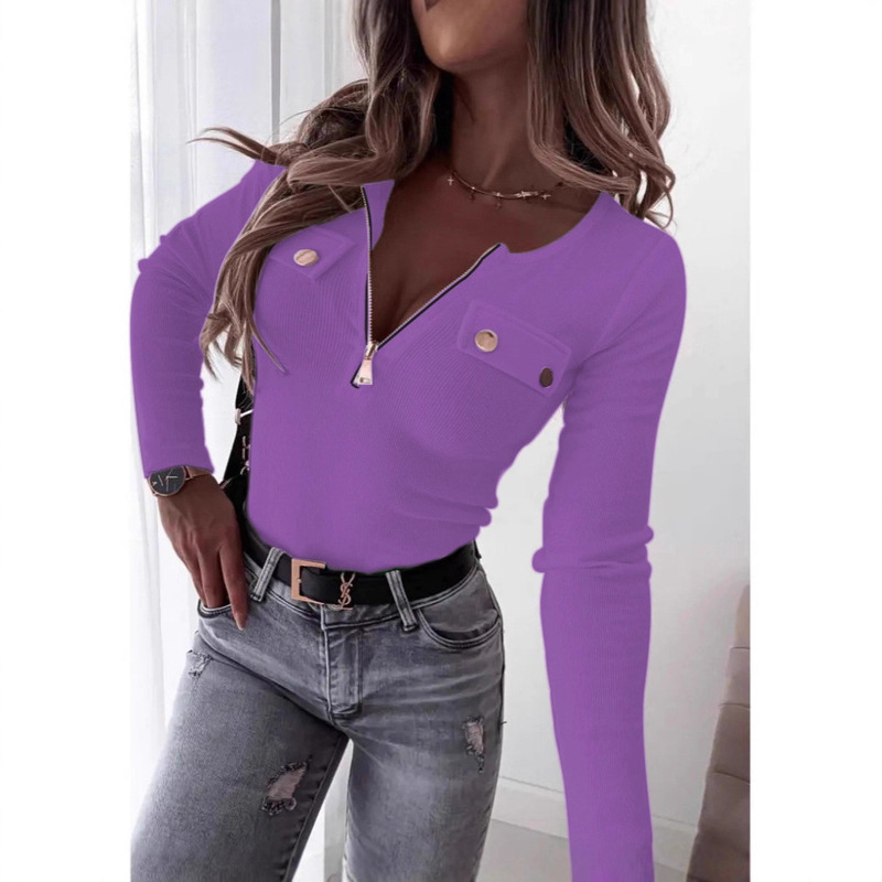 2025 Cross-Border Amazon New Threaded Knitted Slim V-Neck Long-Sleeved Pullover Metal Zipper Top T-Shirt for Women