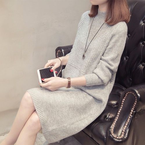 Women's Loose Hooded Knit Dress Long Sleeve Half High Collar Woolen Dress for Autumn and Winter