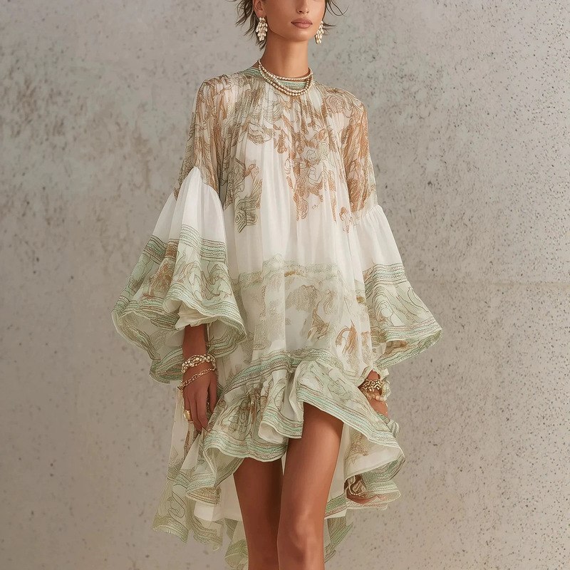 2026 European and American Style Independent Site Amazon Bell Sleeve Vintage Print Asymmetrical Ruffle Dress