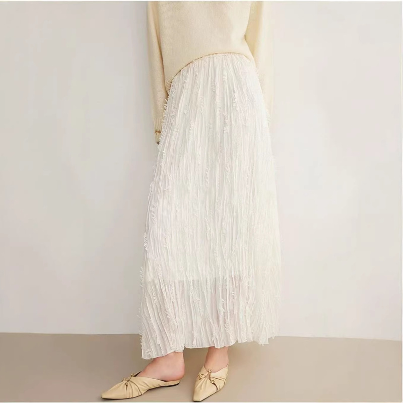 Elel Off-White Textured Pleated Skirt for Women 2026 Spring New Style Elastic Waist Elegant Elegant A-Line Long Skirt