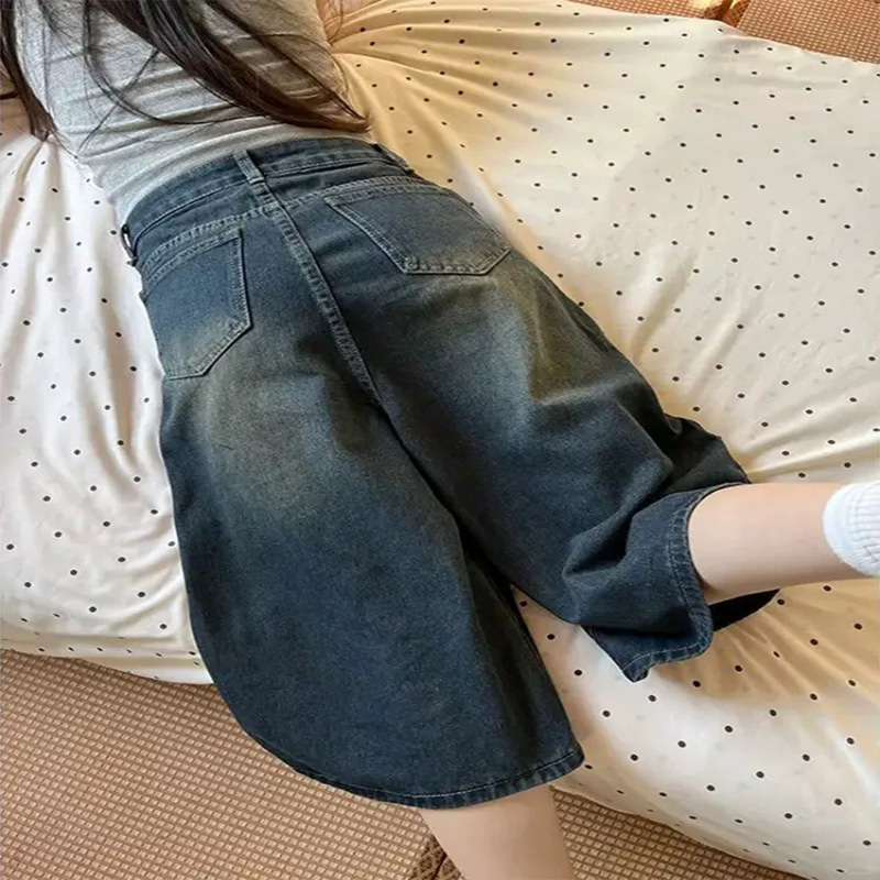 American Retro Washed Denim Shorts for Women, Summer Thin High-Waisted Loose Slimming Plus-Size Cropped Wide-Leg Pants