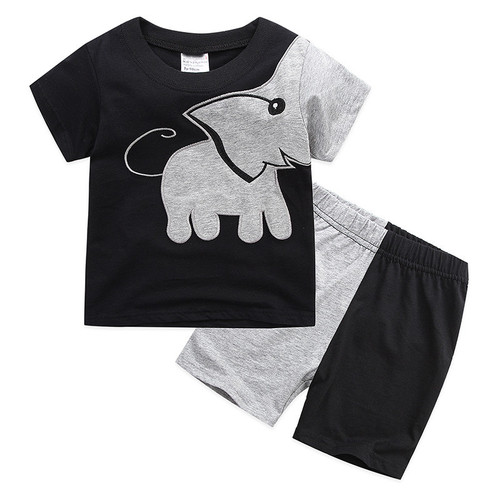 Children's Summer 2-7Y New Homecoming Set with Elephant for Boys, Short Sleeve Pajama Set of 2, Wholesale