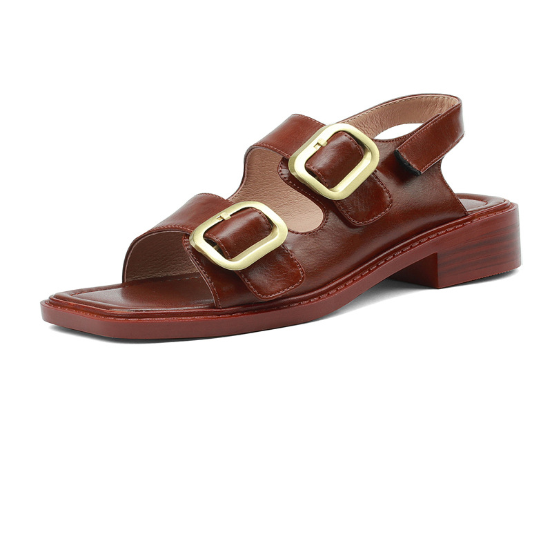 Sandal hở mũi nữ quai ngang đế thấp phong cách La Mã cổ điển, da bò màu nâu — Màu nâu