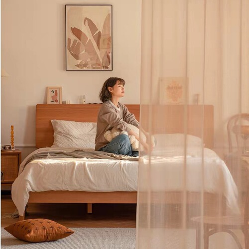 Nordic solid cherry wood minimalist Japanese style single bed for small studio 1.5m, 1.8m solid wood double bed for master bedroom