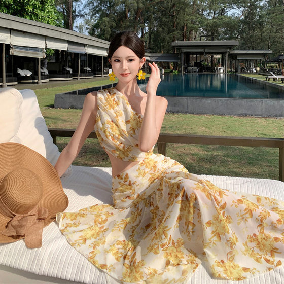 Seaside Vacation Elegant High-end Yellow Printed Slant Shoulder Open Waist dress Women's Pleated Tight Waist Irregular Long Dress