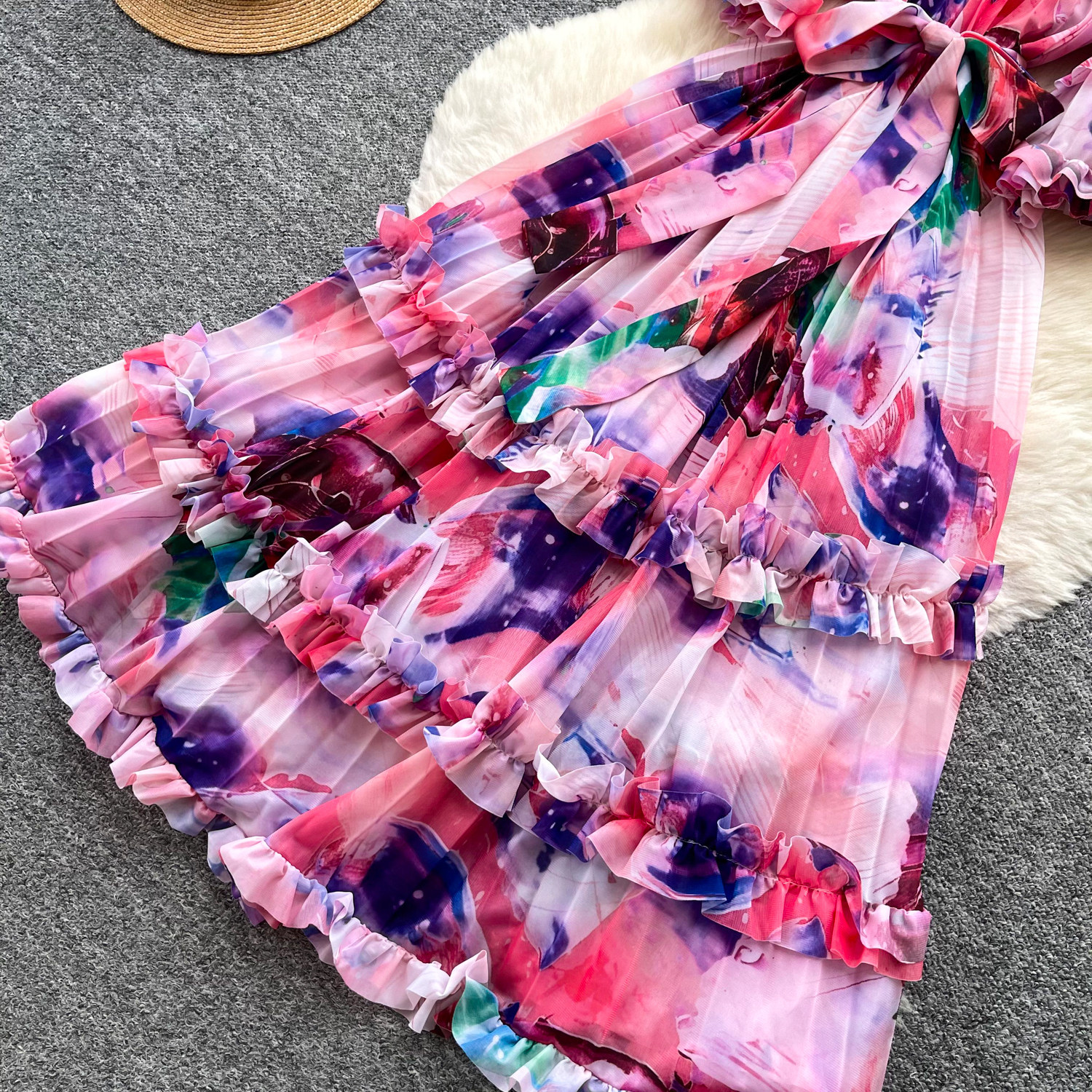 Floral Print Puff Sleeve Dress Women's Korean Style Retro Court Long Fairy Like Ruffled Tie Waist Dress_ecoleips.com