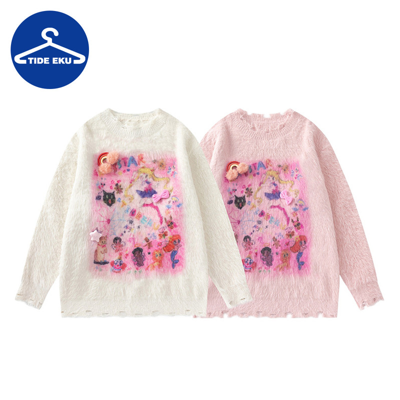 Tideeku Oil Painting Knitwear Cartoon Hand-Painted Design Pullover Sweater for Girls Loose Fit Sweater Loose Style