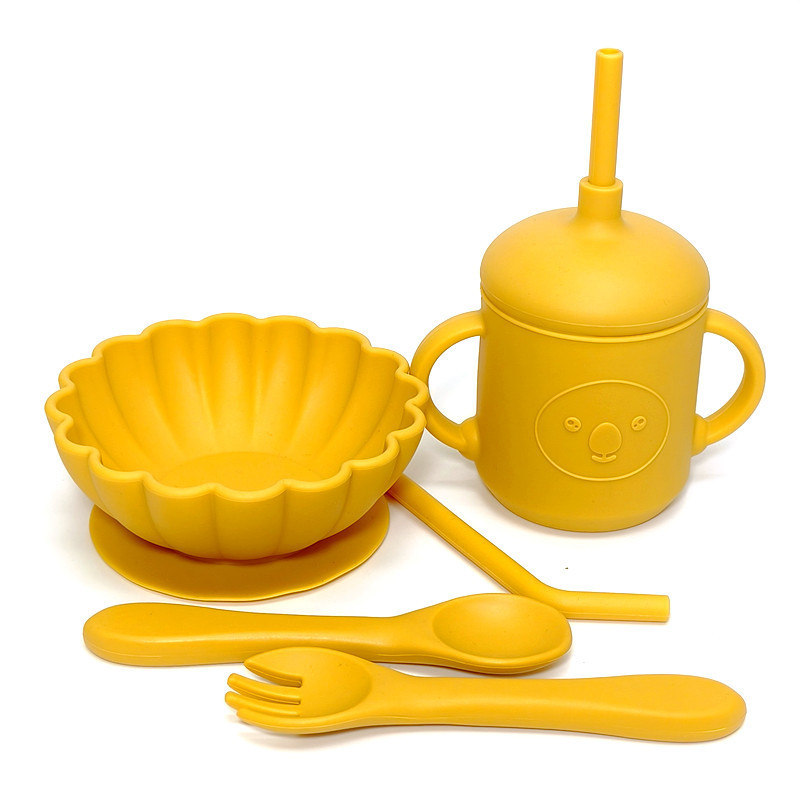 Cartoon Baby Suction Tube Cup Suction Plate Bowl Soft Spoon Children's Supplementary Food Split Plate Bowl Cup Fork Spoon Tableware suit