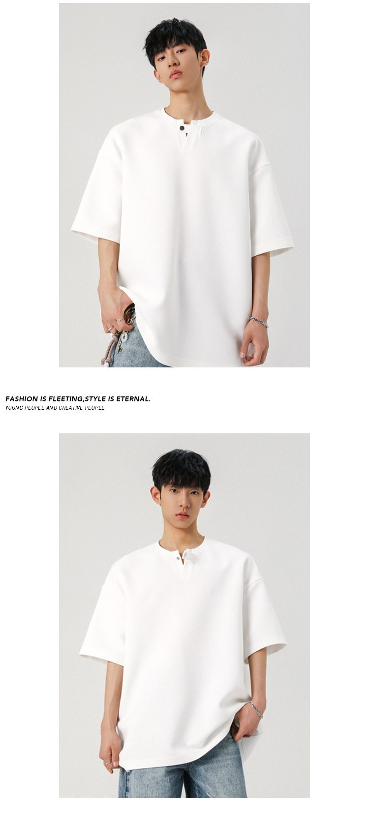 Loose Fit Men's T-shirt High Street Style Solid Colour Summer_voghion.com