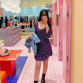 欧美女装一件代发人丝印花裙U型领喇叭袖碎花裙修身连衣裙夏31552