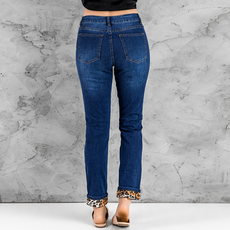 时颖欧美牛仔裤女2022夏季跨境新款豹纹九分裤高腰显瘦破洞牛仔裤