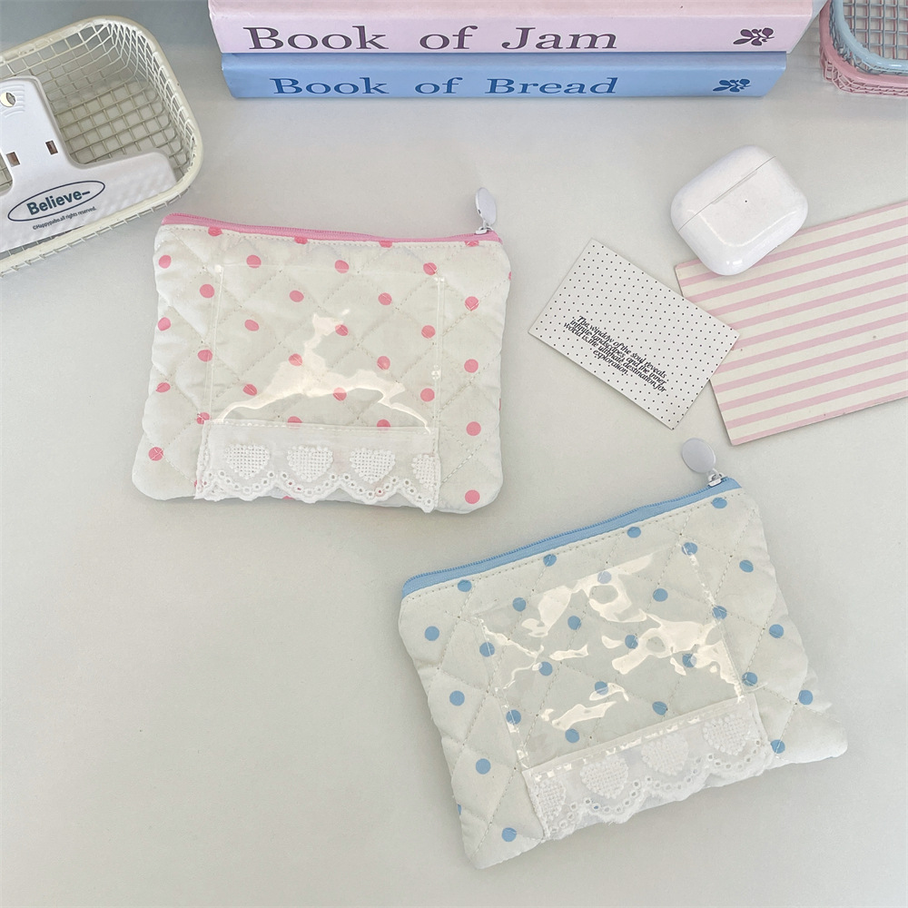 64252 Pink Polka Dot Quilted Storage Bag, Coin Purse, Card Holder, Girly Style, Earphone, Lipstick, and Coin Organizer