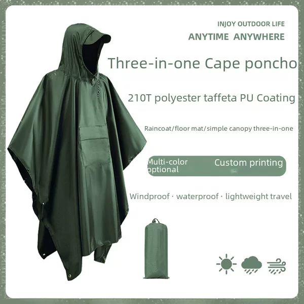 Foreign trade outdoor waterproof three-in-one poncho 210T polyester PU travel hiking Cape mountaineering fishing Cape raincoat