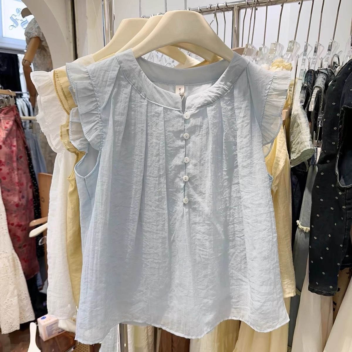 夏季法式荷叶边飞飞袖显瘦百搭韩系无袖娃娃衫上衣女减龄甜美衬衫