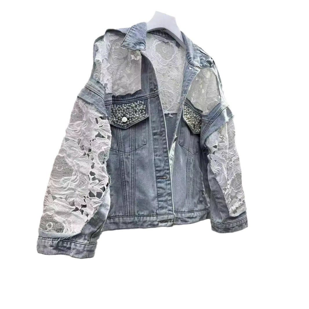 Sheer Embroidered Denim Jacket – Oversized Cropped Style With Lace Trim & UV Protection (S-XL, Light Wash, Casual-Chic Layering Essential)_mkmklike.com