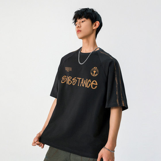 Contrast Color Hand-painted Letter Printed Short-sleeved T-shirt Men's 25 Summer New American Style Retro Pure Cotton Loose Half-sleeved T-shirt Q