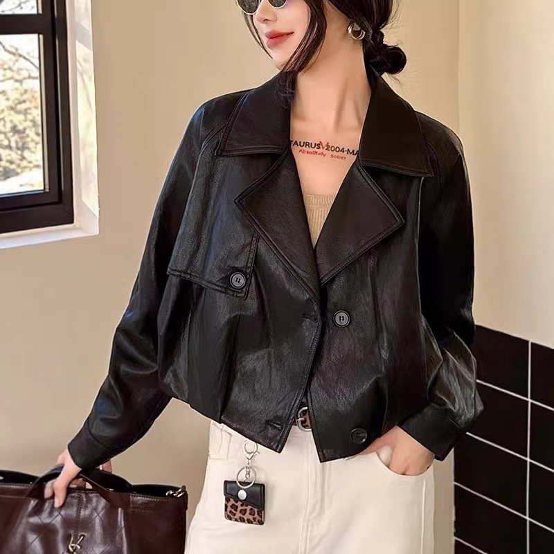 European style white protein leather jacket for women, spring and autumn 2026 new style, popular PU short jacket for petite women.
