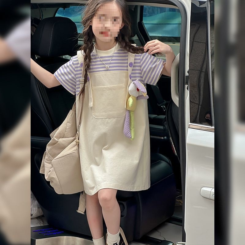 Girls Summer Dress 2025 New Style Kidsren's Summer Vacation Two-Piece Suspender Girl's Princess Skirt Summer