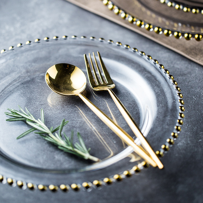Platos de vidrio de perlas de oro, platos de comedor caseros de alto valor, platos de frutas, platos de filete, decoraciones de alto nivel, viento image 4