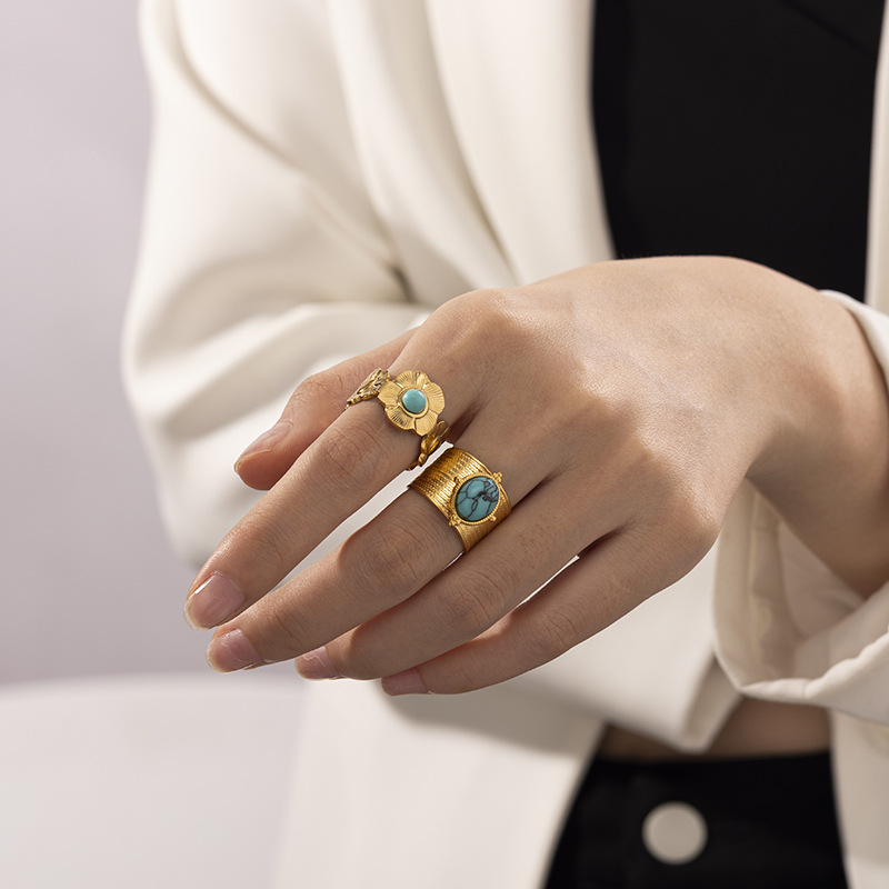 TENA francés oro turquesa 18 quilates anillo de acero inoxidable de mujeres de alta calidad anillo de acero de titanio flor transfronteriza