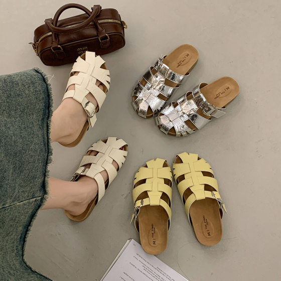 Flat Retro Artistic Toe Sandals Women's Shoes 2025 Summer New Arrival Bocken Woven Fishbone Shoes Roman Shoes
