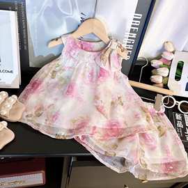 Ancorelala女童2025粉色玫瑰花无袖上衣加短裤两件套女宝可爱套装
