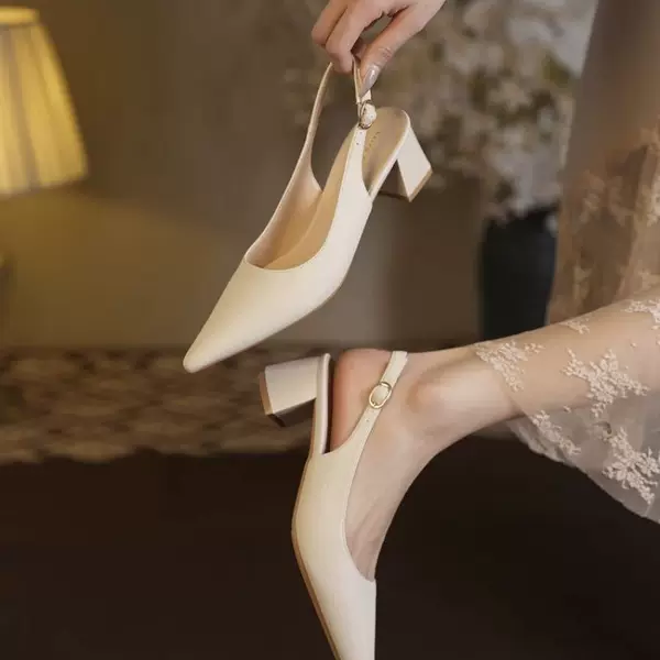 Pointed-Toe French-Style High-Heeled Shoes for Women, Chunky Heel, 2026 Summer New Style, Comfortable for Feet, Professional Commuting, Closed-Toe, Backless Sandals for Women