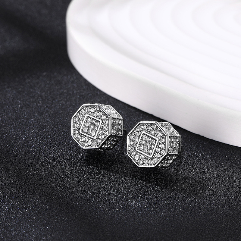 HIPHOP full diamond three-dimensional geometric earrings, personalized Instagram style fashion accessories, men's_voghion.com
