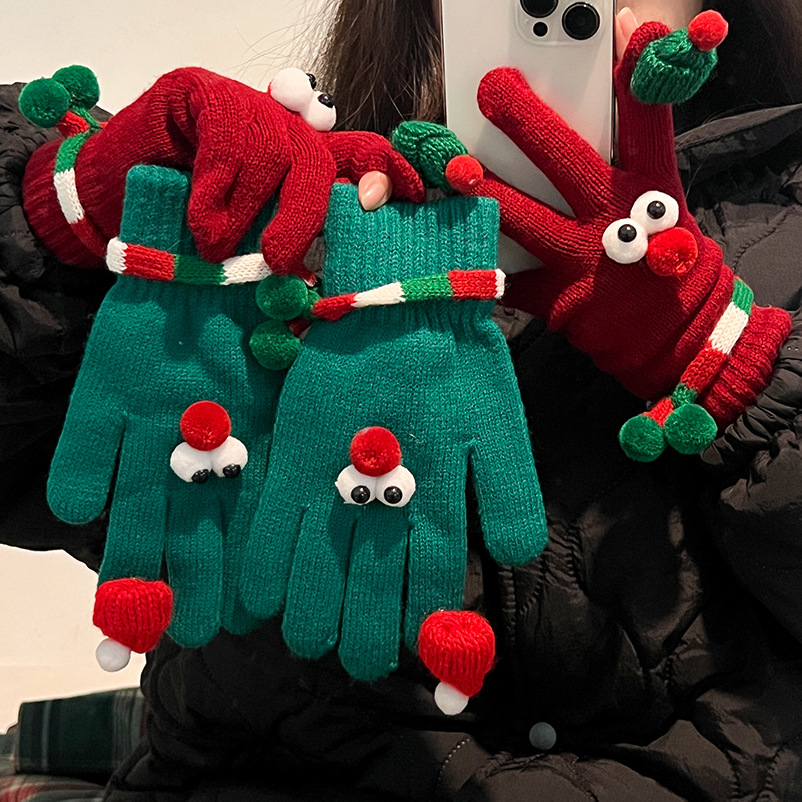 새해 크리스마스 레드 핑거리스 장갑 여성 겨울 학생 귀여운 눈 커플 두꺼워진 사이클링 따뜻한 터치 스크린