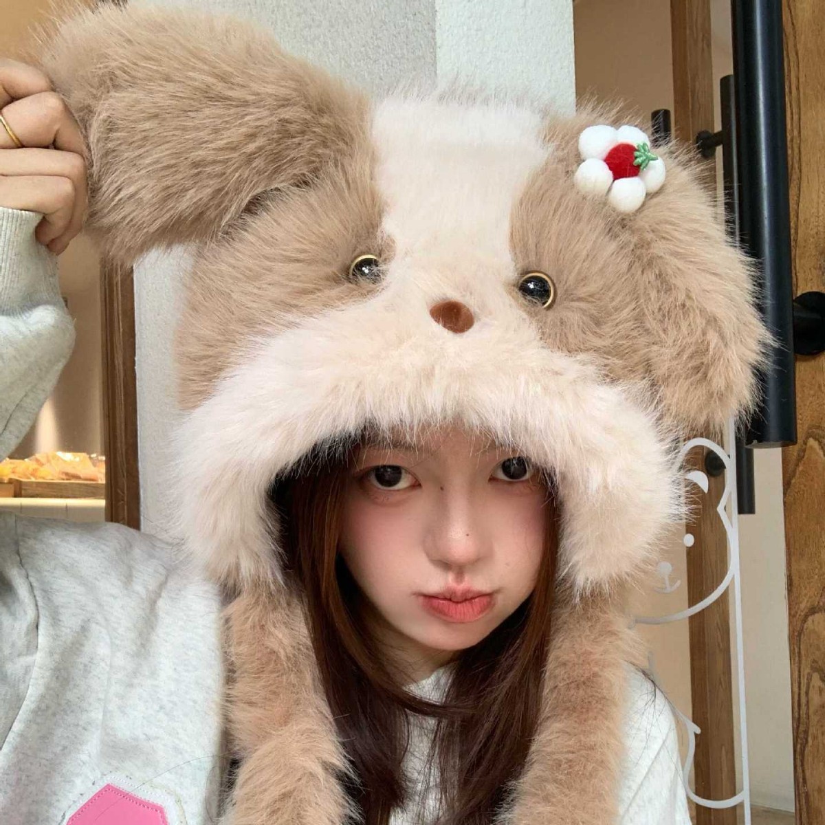 여성 겨울 강아지 귀달이 모자 목도리 일체형 보온 털모자
