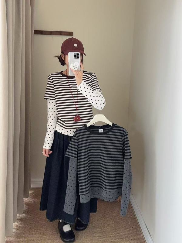 杨超越同款波点条纹拼接假两件T恤女秋新款韩版显瘦百搭长袖上衣|undefined