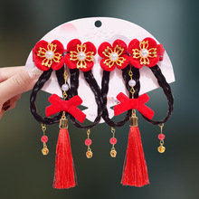 儿童新年头饰龙年女童红色拜年发夹中国风宝宝假发辫过年发饰TJ40