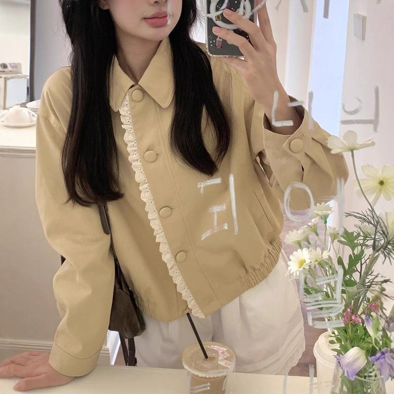 花边拼接翻领长袖夹克外套女2025春秋新款短款设计感棒球服上衣潮|undefined