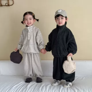 儿童秋装套装男童毛巾布条纹宝宝宽松2026新款春秋季女童休闲卫衣