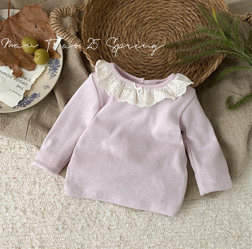 2025 nuevo producto traje infantil coreano primavera y otoño estilo occidental cárdigan cuello de encaje camisa de fondo pantalones de tres piezas