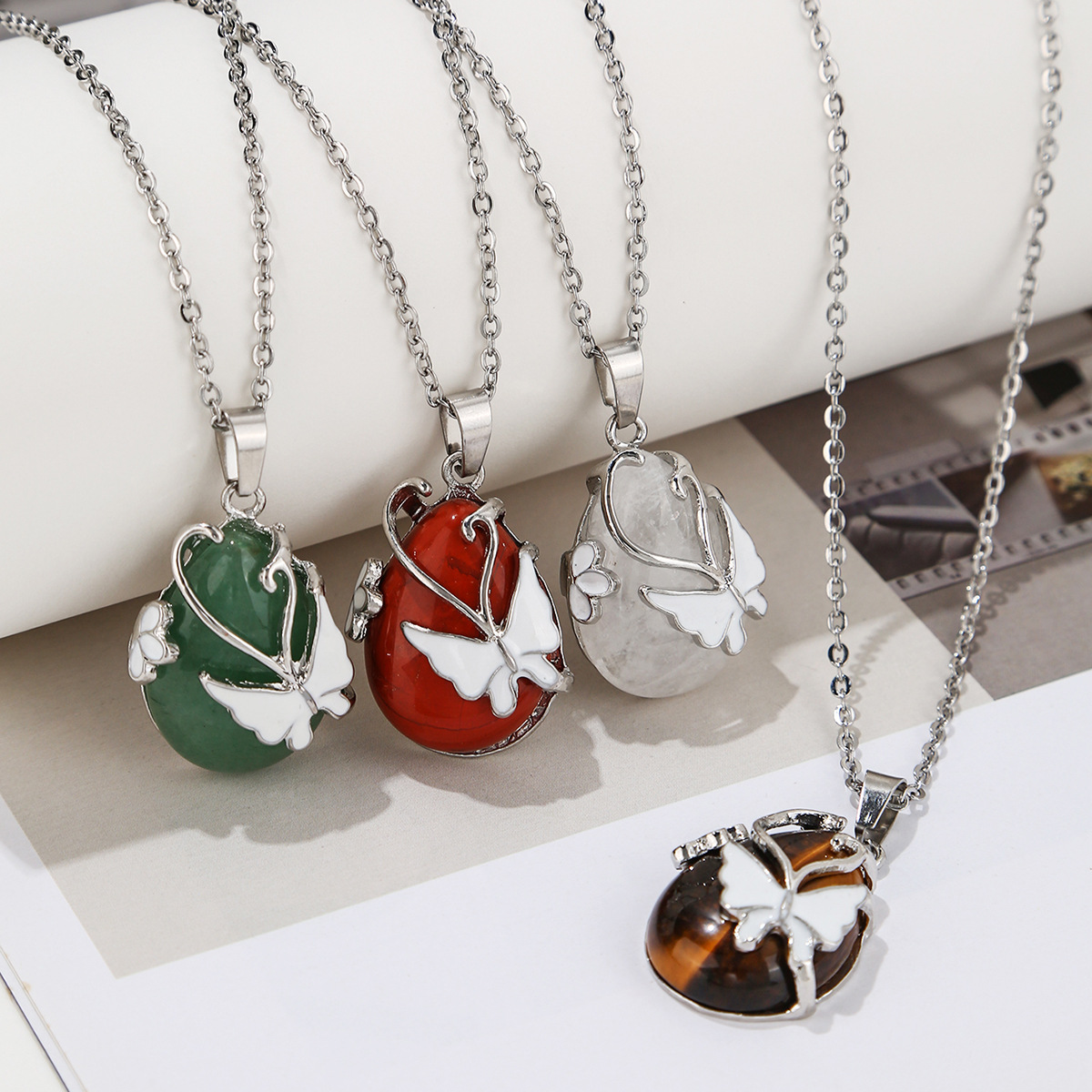 Zhouhang Jewelry Cross-Border Hot-Selling Natural Crystal Pendant Butterfly Inlaid Amethyst Necklace Women's Jewelry Wholesale