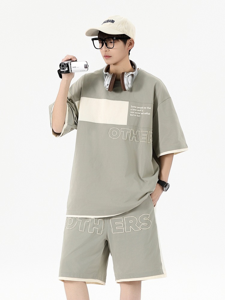 Traje informal holgado de manga corta para hombre, pantalones cortos de manga corta con conjunto de dos piezas, color contrastante, fresco, de verano