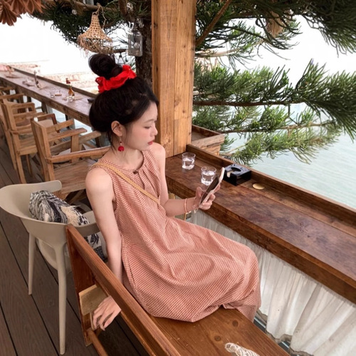 Korean Sweet Checkered Pleated Round Neck Dress for Women - Summer 2025 New Arrival Loose Medium Length A-Line Backless Dress