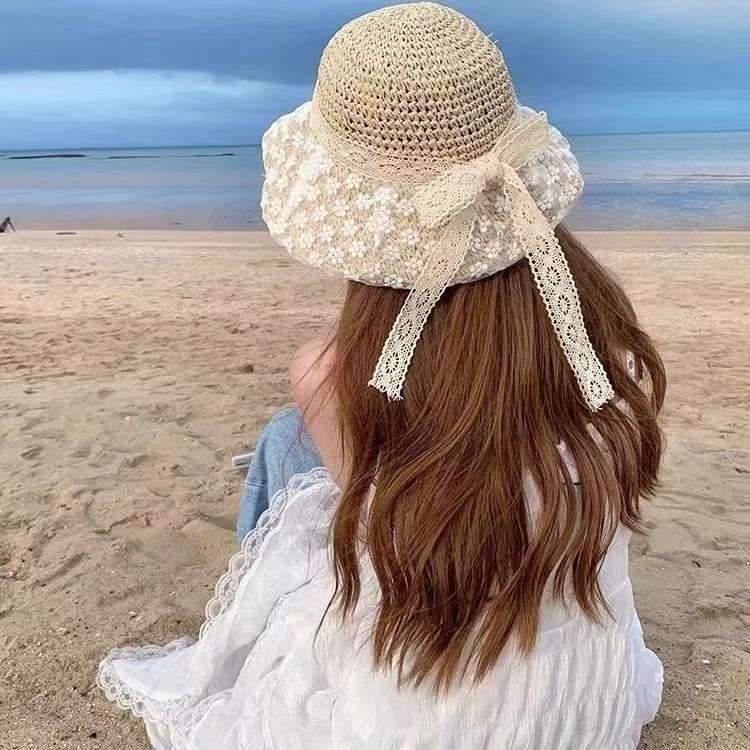 french lace pearl lace-up cutout straw hat women‘s spring and summer sun-proof floral big brim sun hat sun protection hat