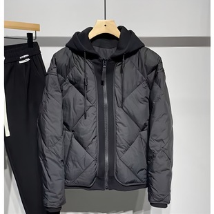 Cotton-padded jacket men's autumn and winter new American fashion brand fake two-piece hooded cotton-padded jacket casual versatile stitching men's cotton-padded jacket