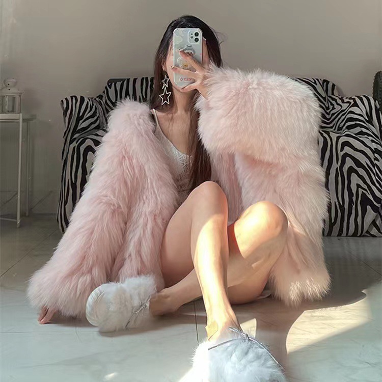Womens Real Fox Fur Knitted Coat Hooded Bat Sleeve Baggy Jacket