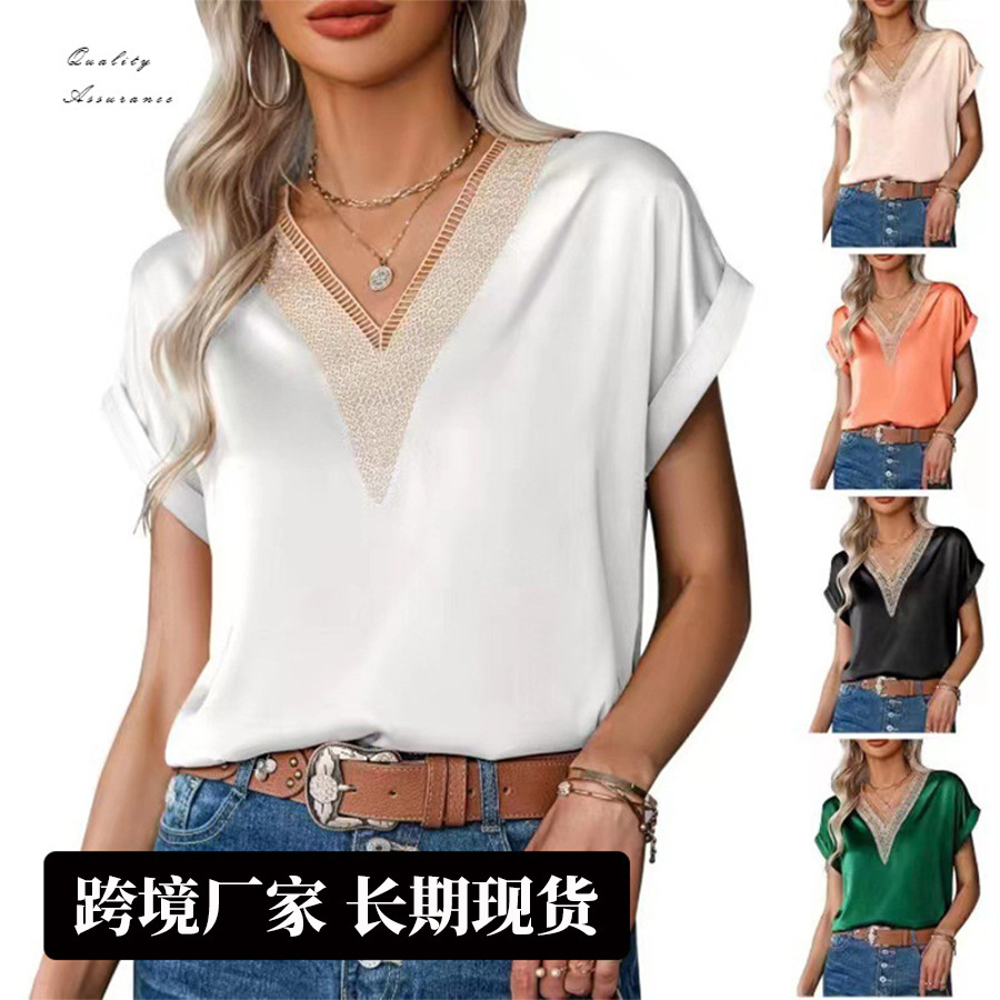 Nueva camiseta de encaje con cuello en v Camiseta de manga corta suelta de satén para mujer Estilo de viaje transfronterizo Ropa de mujer de Amazon europea y americana image 1
