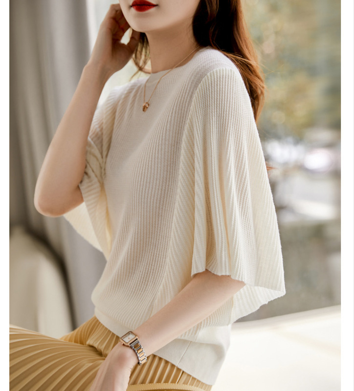 Gentle and Feminine Spliced Ruffled Sleeves French Style Comfortable Round Neck Knitted Three-Quarter Sleeve Top for Women Export Gentle and Feminine Spliced Ruffled Sleeves French Style Comfortable Round Neck Knitted Three-Quarter Sleeve Top for Women Export