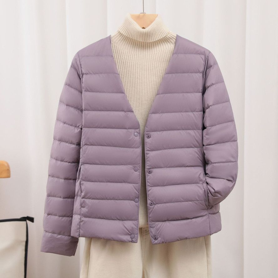 Lightweight down Jacket Women's White Duck down Liner Short Round Neck Plus Size Autumn and Winter New Collarless Warm Jacket