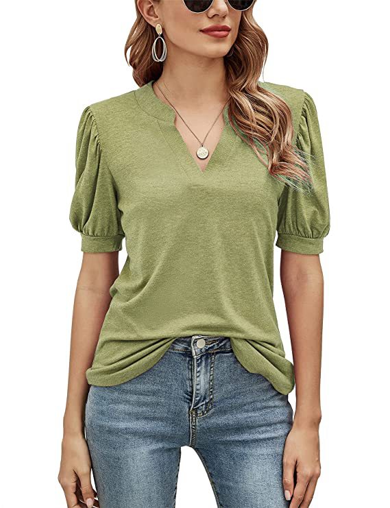 Top Summer Casual V neck Solid Color Puff Sleeve Loose T shirt Women