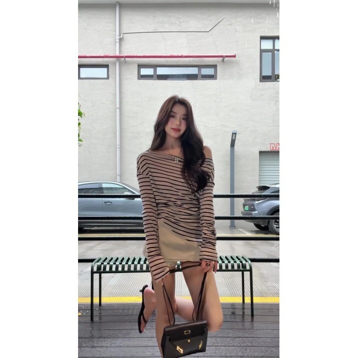 古早韩女感不规则斜肩条纹长袖防晒上衣辣妹短裙裤套装|undefined